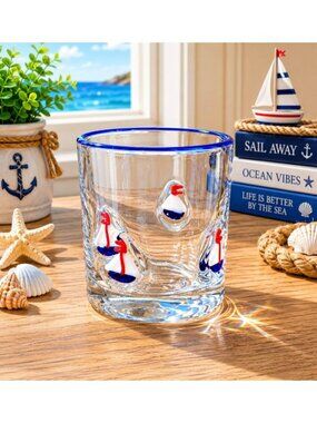 New Beach Nautical Red / Blue Sailboat Barware Beverage Glass Cup Tumbler